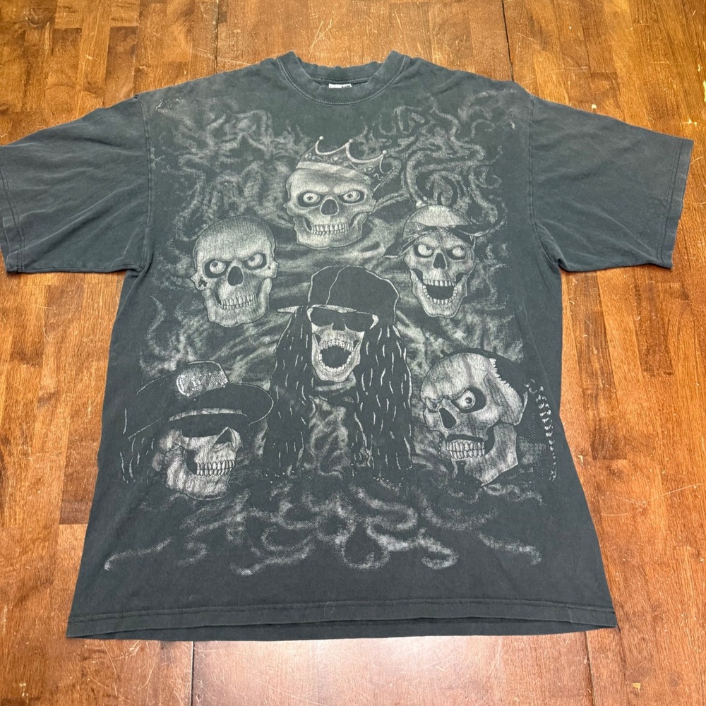 Club 21 Black Skulls AOP VTG Graphic T-Shirt Mens 2XL Streetwear Y2K Tee